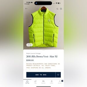 Ralph Lauren RLX Puffer Down Vest!    Neon Green